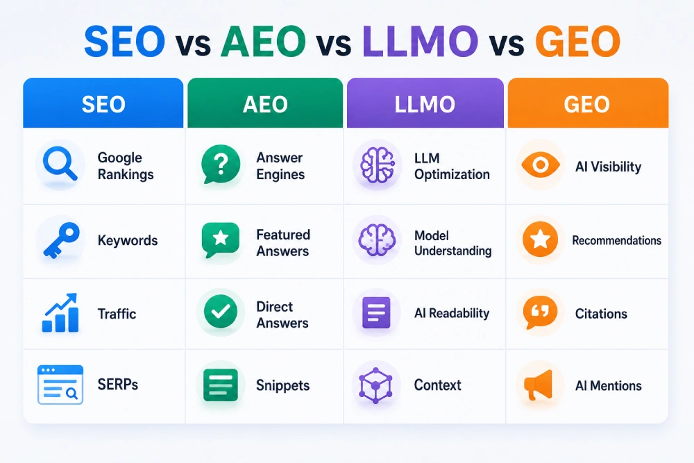 SEO vs AEO vs LLMO vs GEO